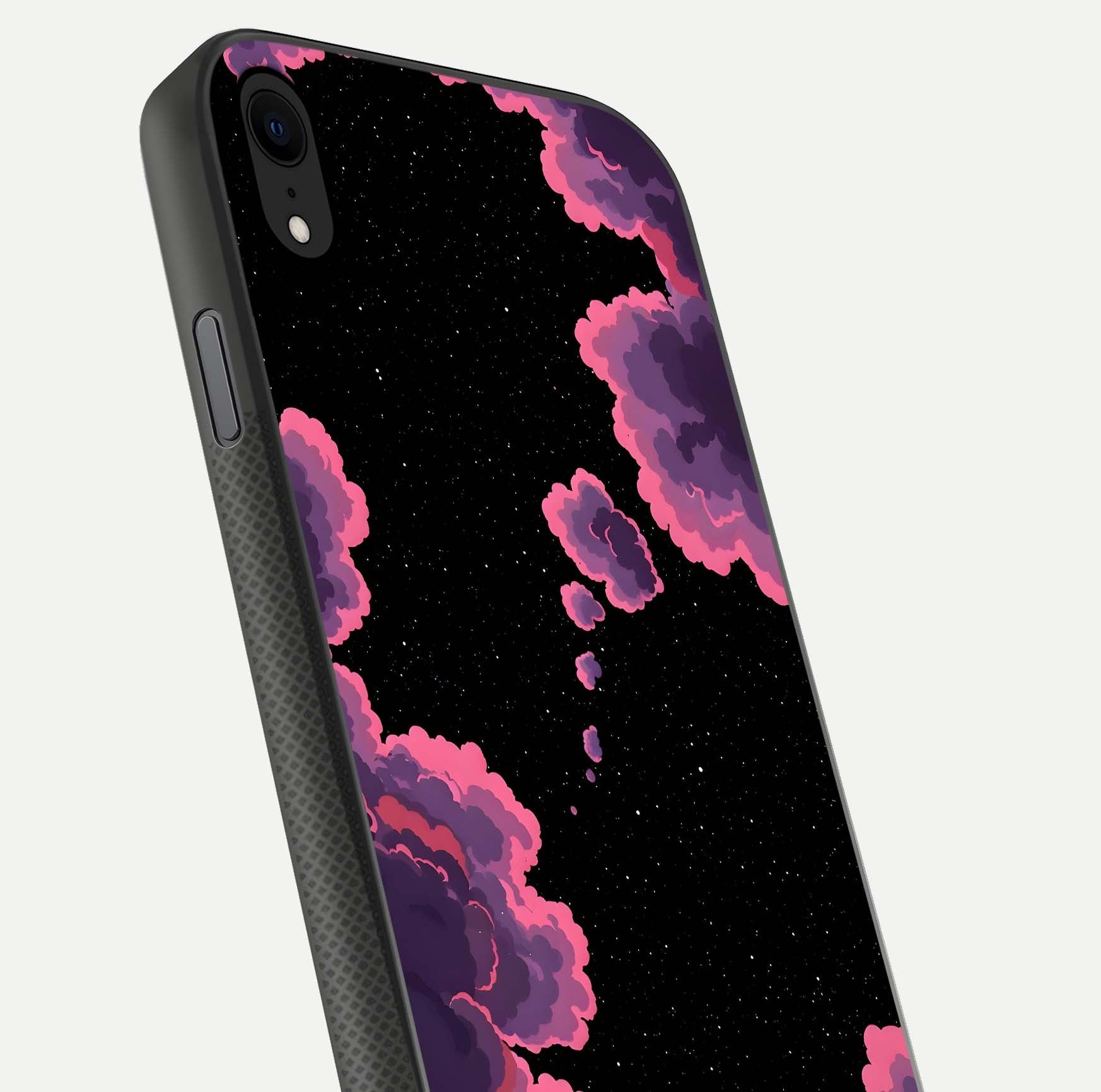 Cosmic Cloud Journey Glass Case for iPhone Xr close-up highlighting star clusters and reflection texture