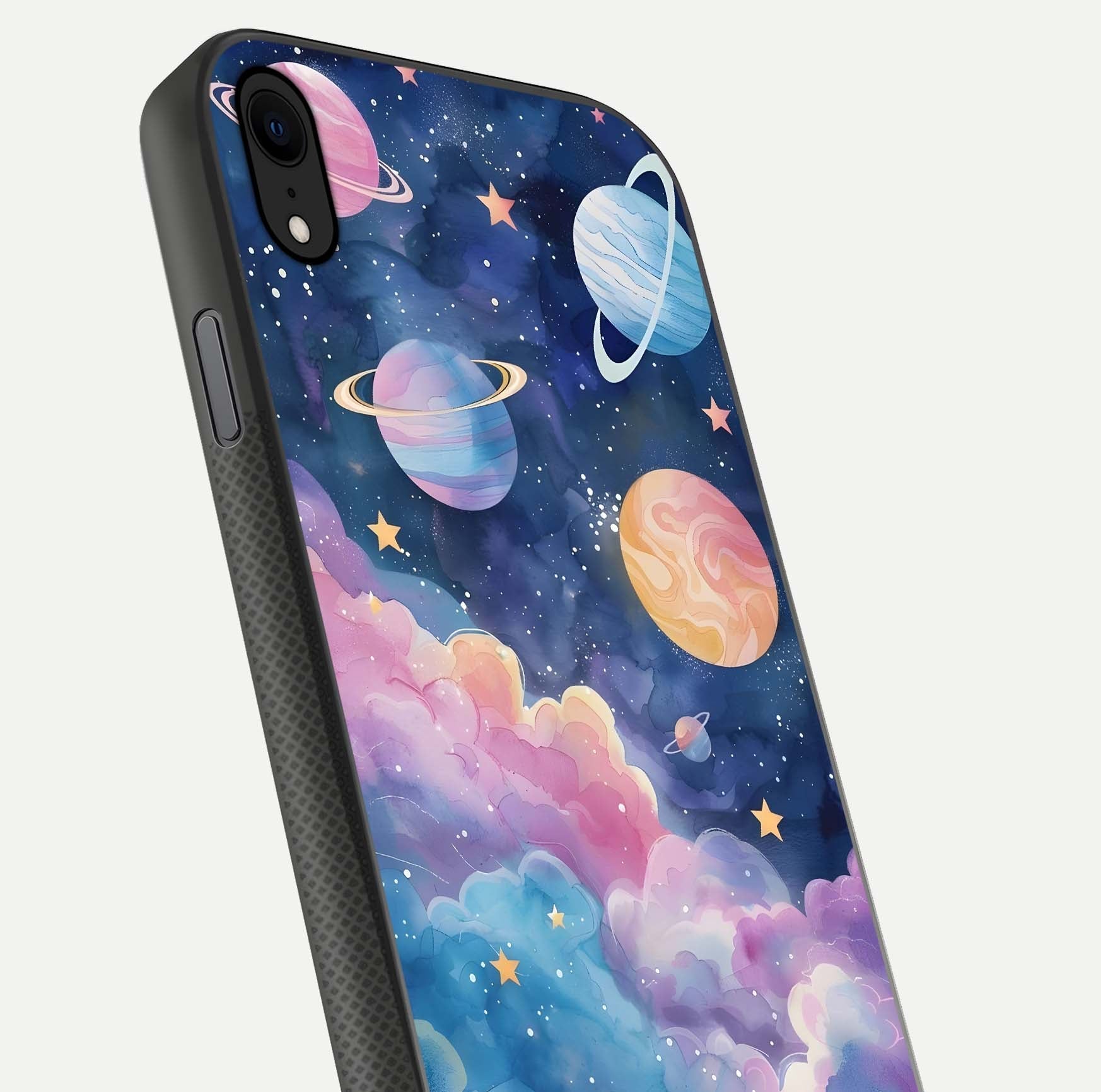 Cosmic Planet Dreams Glass Case for iPhone Xr close-up highlighting planetary details and reflection glow