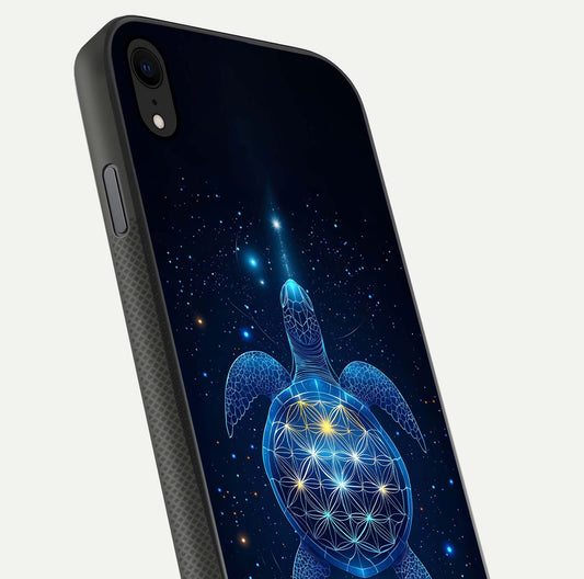 Crimson Blue Turtle Glass Case for iPhone Xr close-up highlighting turtle shell detail and shine reflection