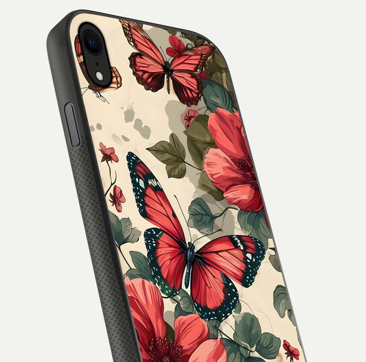 Crimson Butterfly Garden Glass Case for iPhone Xr close-up showing wing detail and reflection shine