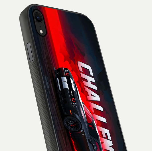 Crimson Challenger Fury Glass Case for iPhone Xr close-up highlighting car details and reflection depth