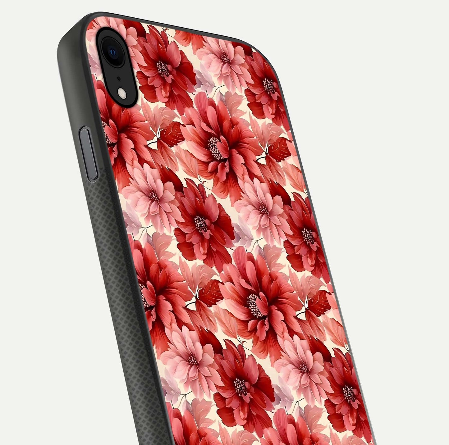 Crimson Love Petals Glass Case for iPhone Xr close-up highlighting petal texture and light reflection