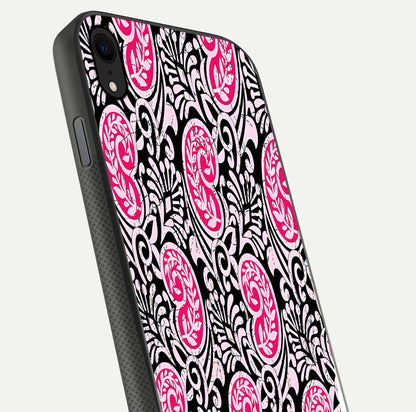 Crimson Paisley Charm Glass Case for iPhone Xr close-up highlighting fine pattern detail and reflection tone