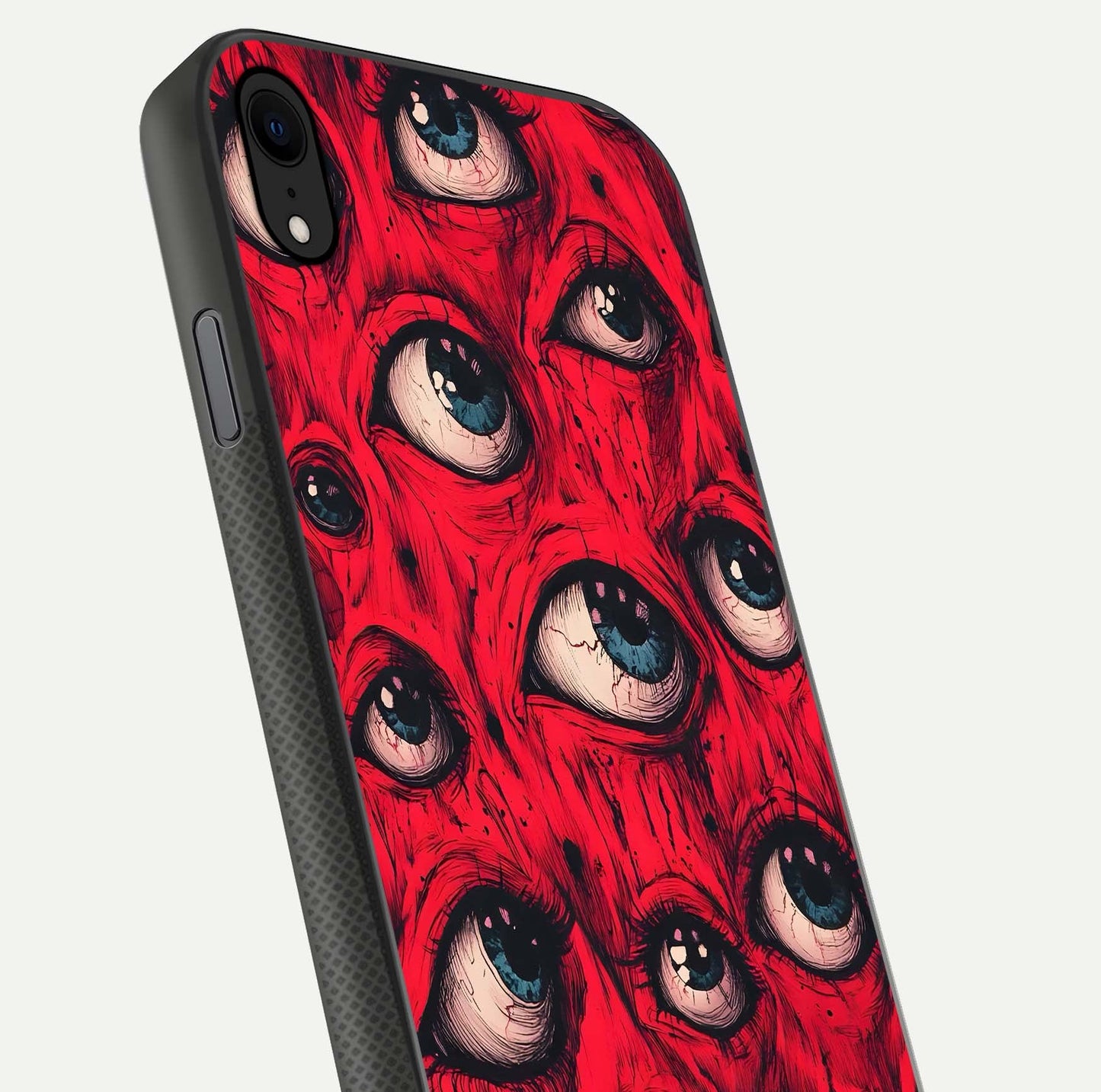 Crimson Watch Eyes Glass Case for iPhone Xr close-up highlighting graphic detail and reflection