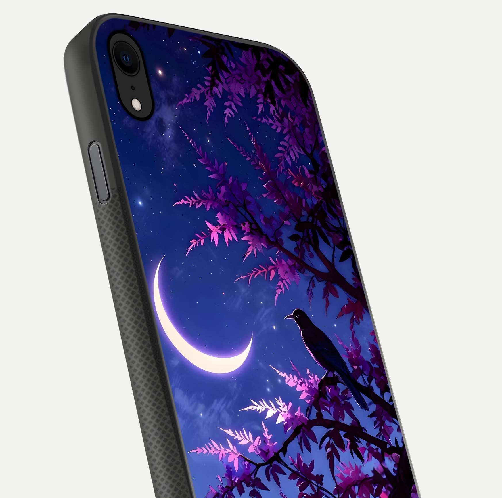 Crow & Moon Scenery Glass Case for iPhone Xr close-up highlighting moon detail, dark tones, and glass reflection