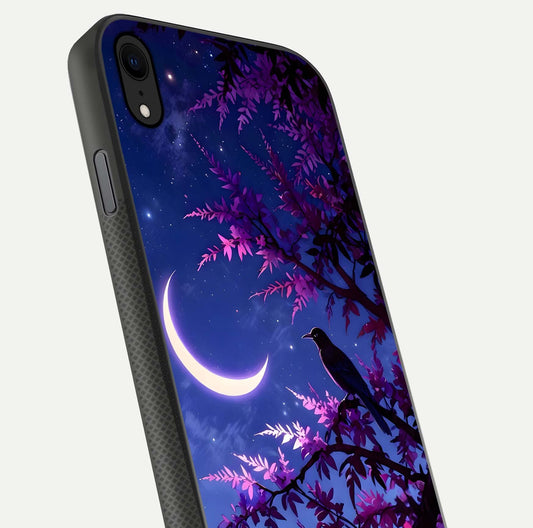 Crow & Moon Scenery Glass Case for iPhone Xr close-up highlighting moon detail, dark tones, and glass reflection