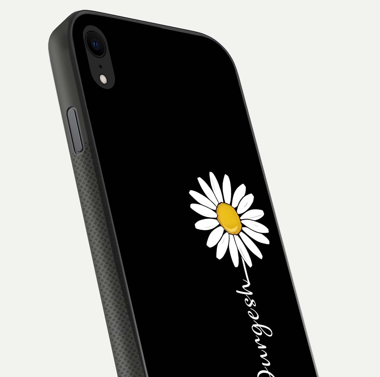 Custom Name White Flower Glass Case for iPhone Xr close-up highlighting petals, name print, and reflection polish