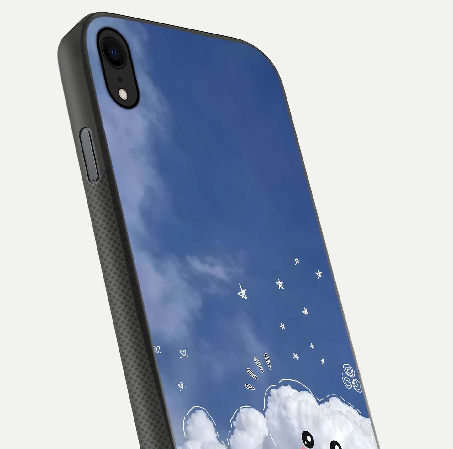 Cute Blossom Cloud Glass Case for iPhone Xr close-up highlighting pink flower tones and reflection glow