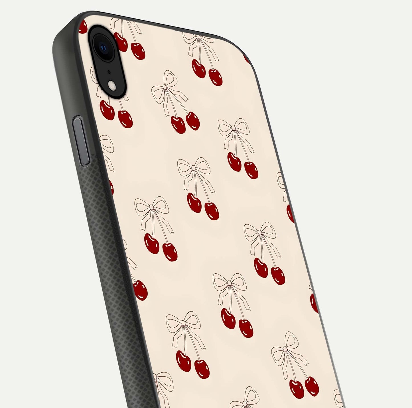 Cute Cherry Pattern Glass Case for iPhone Xr close-up showing cherry cluster details and light reflection