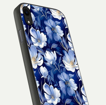 Cute Floral Patterns Glass Case for iPhone Xr close-up highlighting flowers and gloss reflection