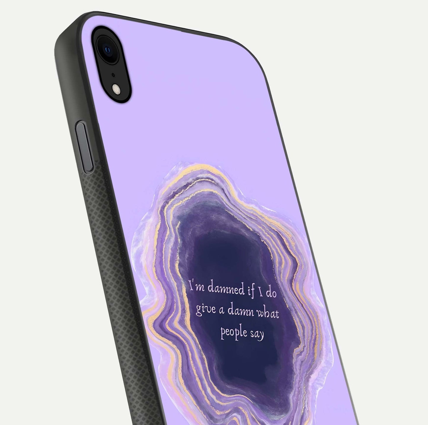 Damned People Quote Glass Case for iPhone Xr close-up highlighting quote text and reflection depth