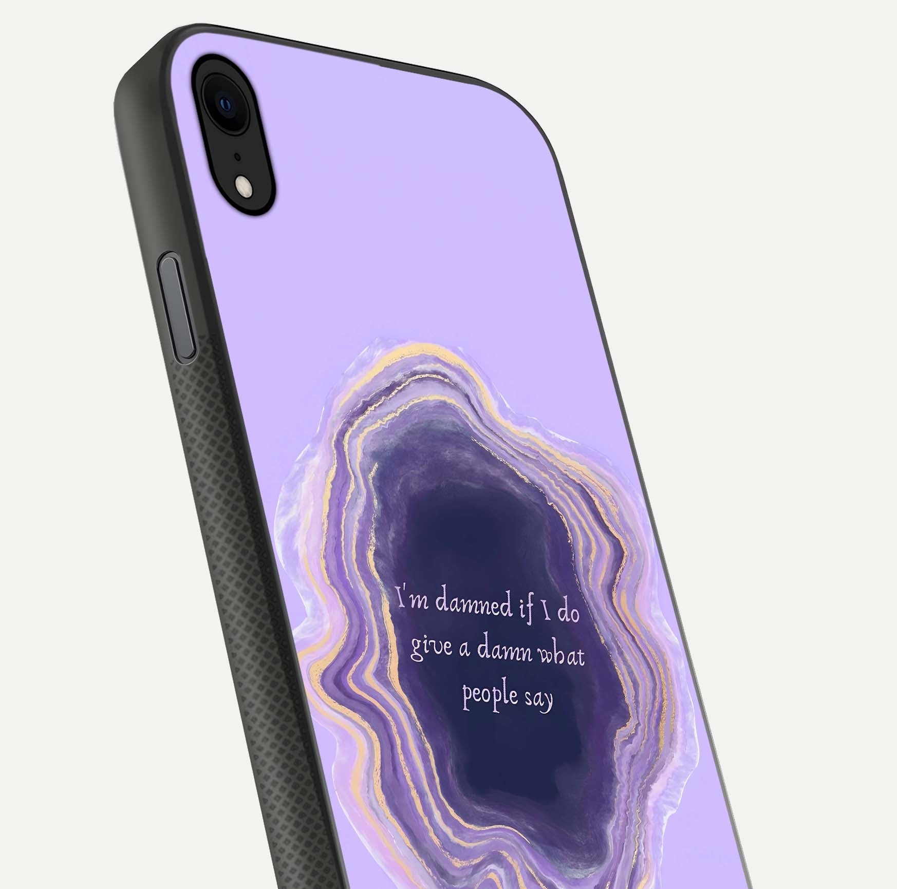 Damned People Quote Glass Case for iPhone Xr close-up highlighting quote text and reflection depth