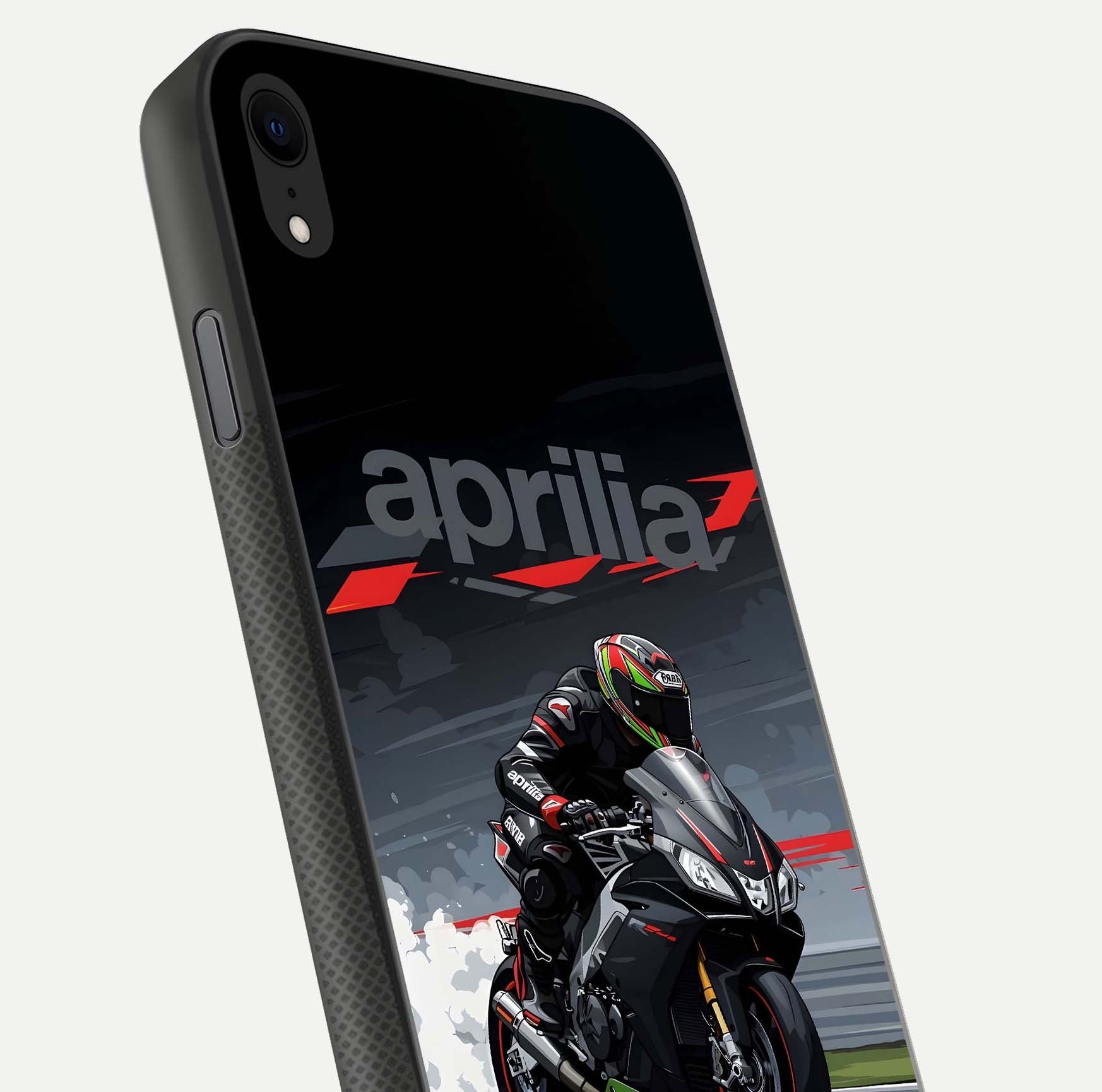 Dark Aprilla Glass Case for iPhone Xr close-up highlighting detailing and reflection effect