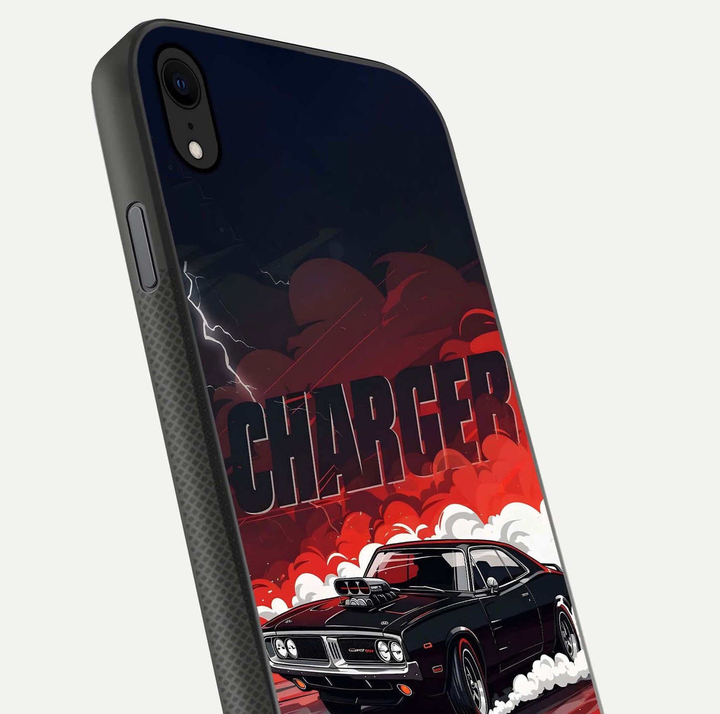 Dark Charger Fury Glass Case for iPhone Xr close-up highlighting car reflection and light gloss