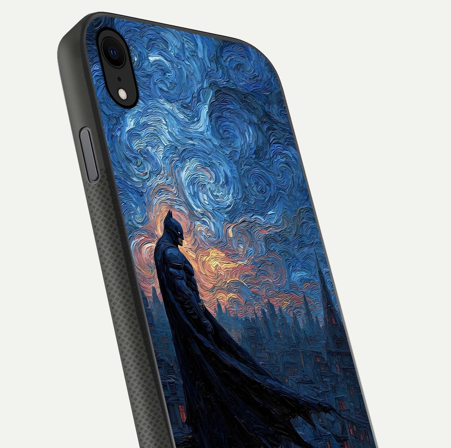 Dark Knight Dusk Glass Case for iPhone Xr close-up highlighting dark suit texture and reflection detail