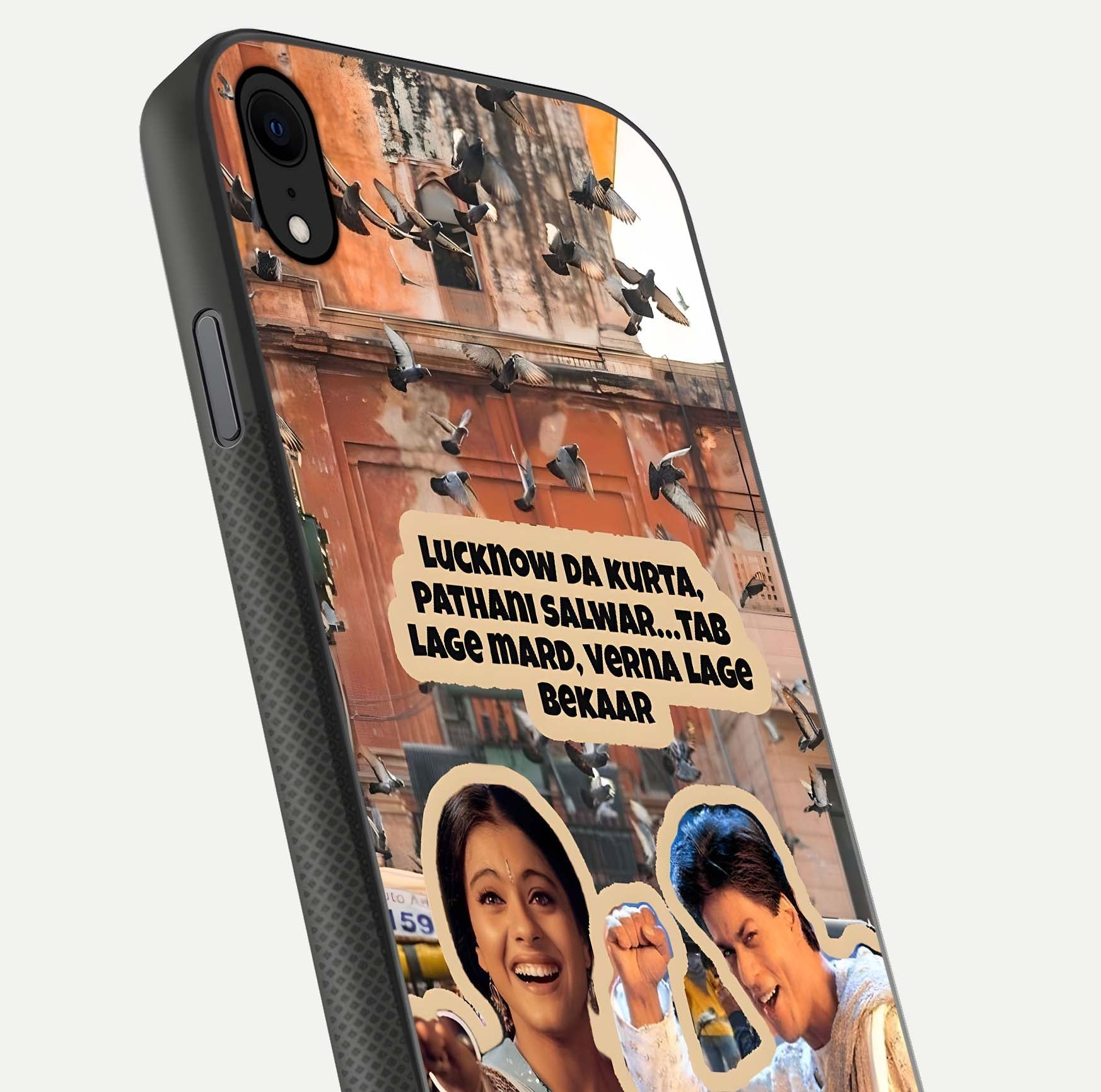 Desi Retro Vibes Glass Case for iPhone Xr close-up highlighting retro color palette and reflection glow