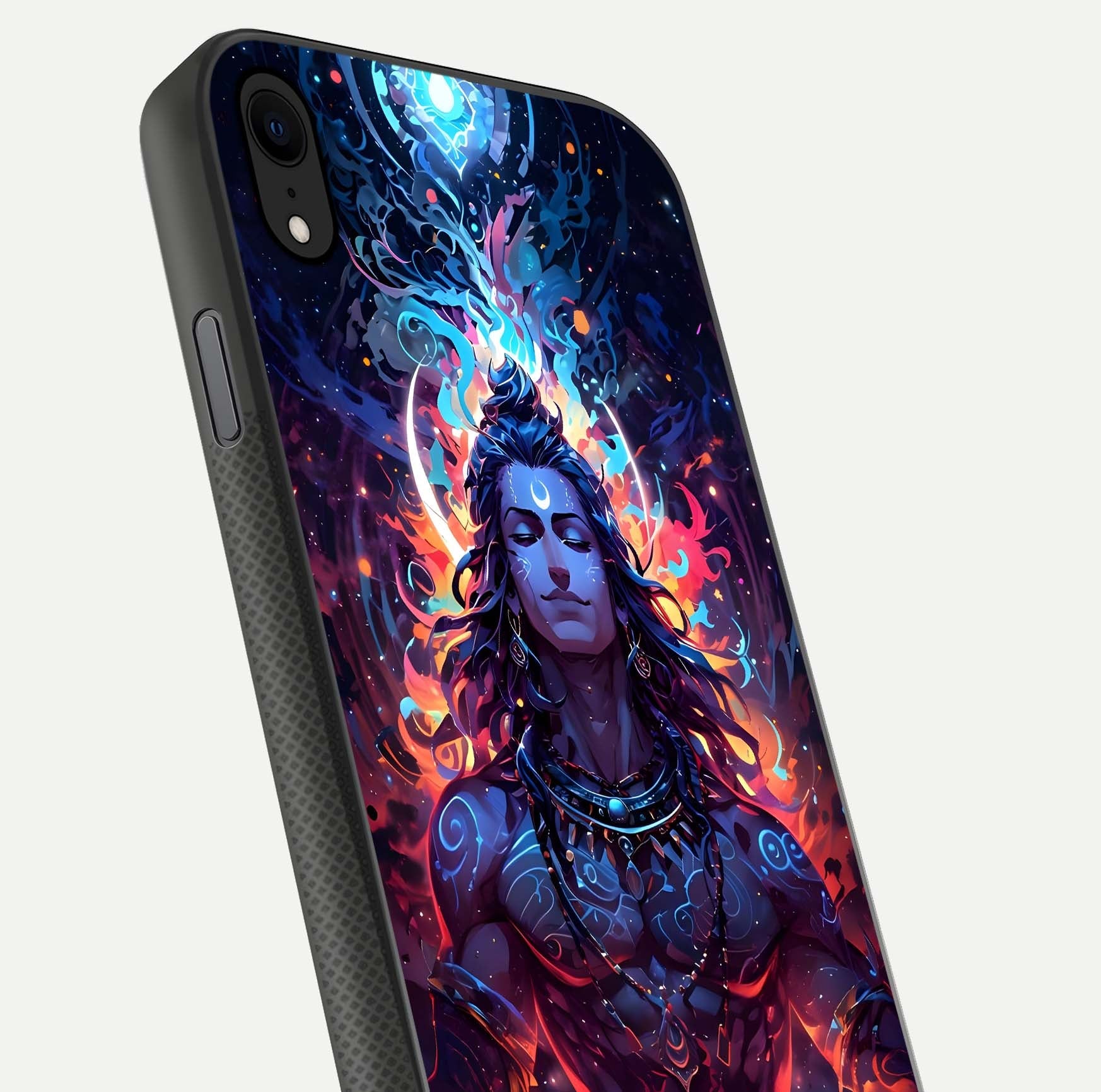 Divine Fire Shiv Glass Case for iPhone Xr close-up highlighting divine detailing and reflection depth