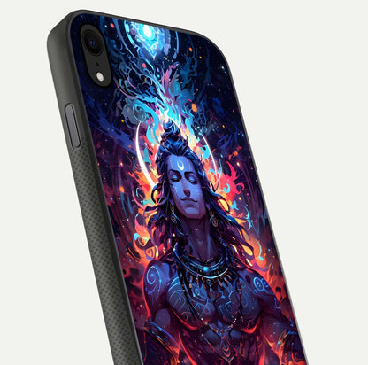 Divine Fire Shiv Glass Case for iPhone Xr close-up highlighting divine detailing and reflection depth