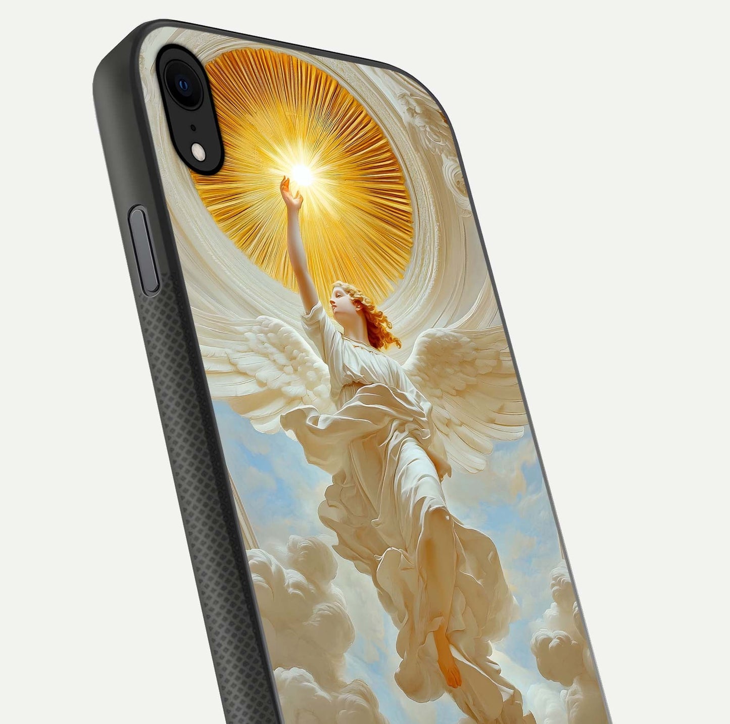 Divine Light Angel Glass Case for iPhone Xr close-up highlighting light rays and glass reflection