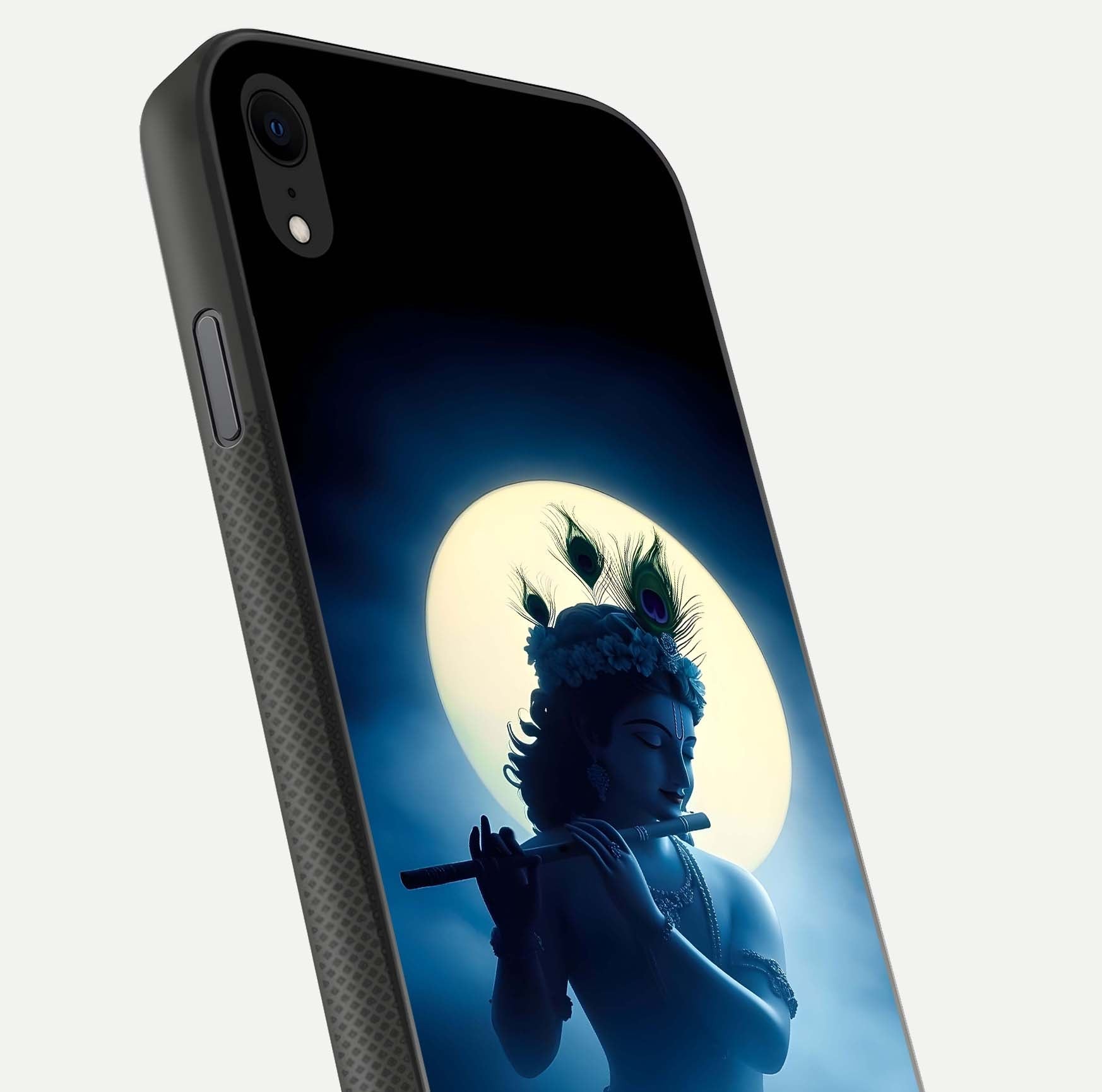Divine Moon Flute Glass Case for iPhone Xr close-up highlighting flute detail and reflection shine