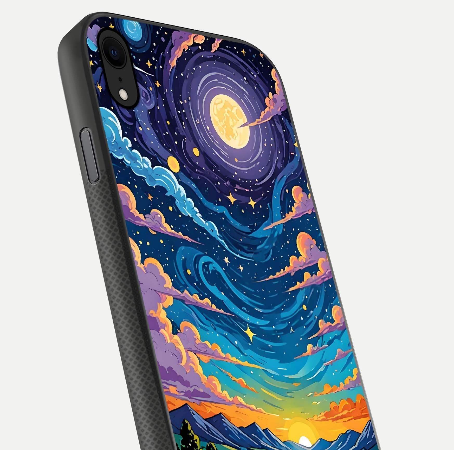 Dreamy Night Landscape Glass Case for iPhone Xr close-up highlighting stars and reflection tone
