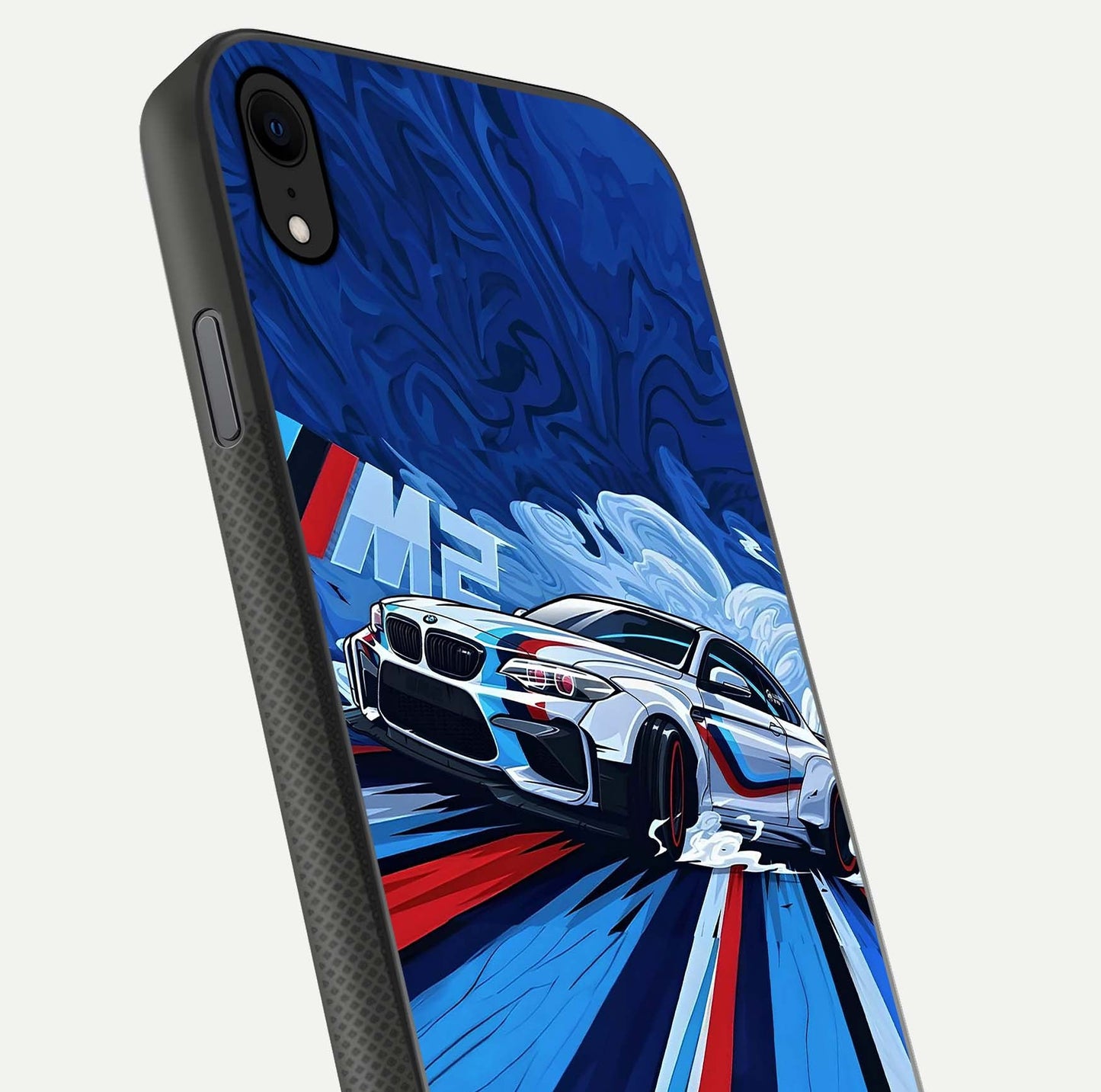 Drift Power Rush Glass Case for iPhone Xr close-up highlighting car reflection and metallic tones