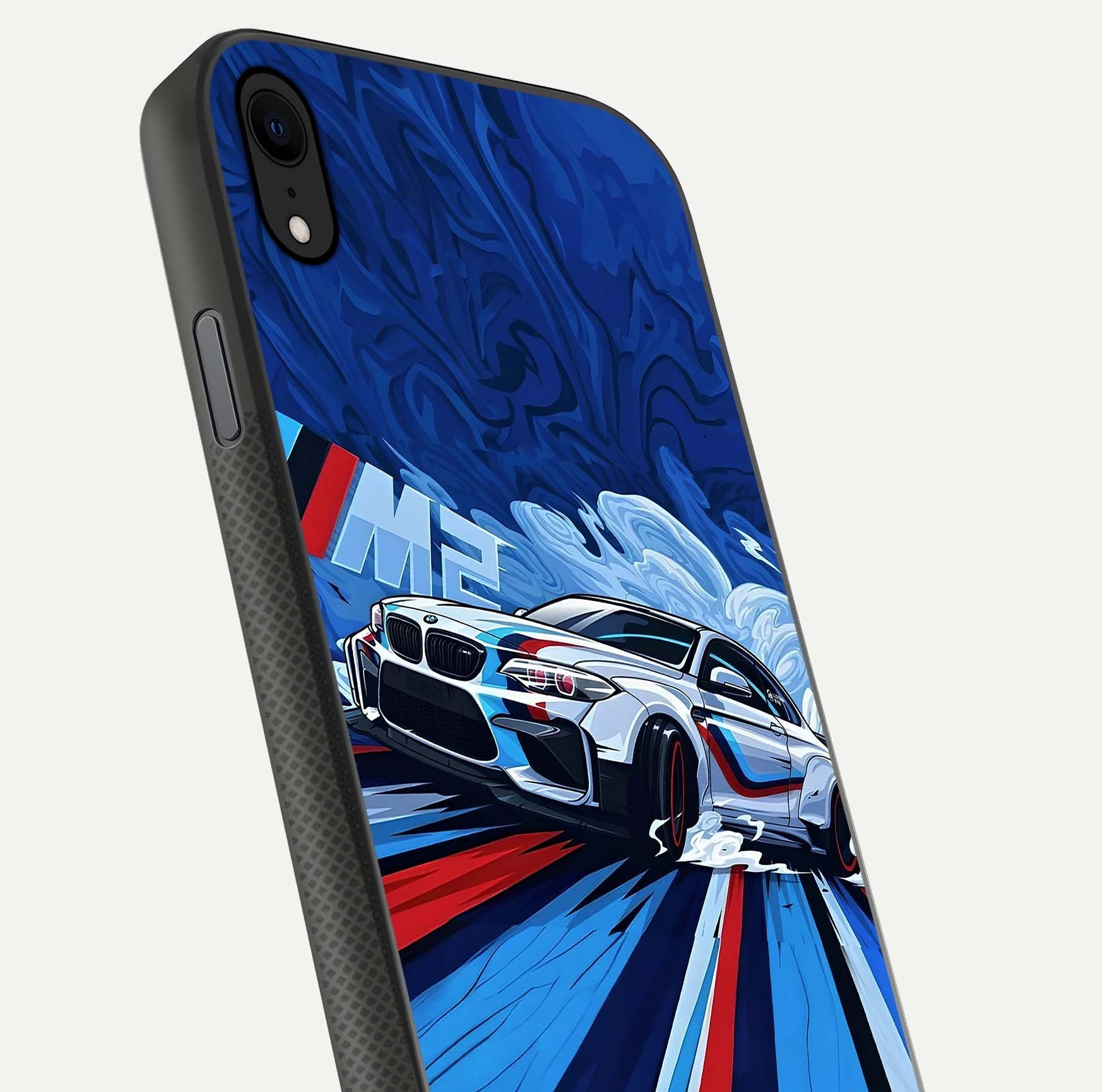 Drift Power Rush Glass Case for iPhone Xr close-up highlighting car reflection and metallic tones