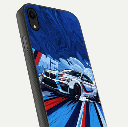 Drift Power Rush Glass Case for iPhone Xr close-up highlighting car reflection and metallic tones