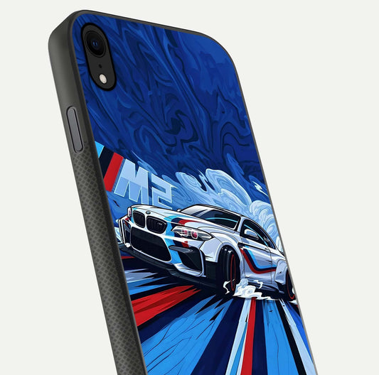 Drift Power Rush Glass Case for iPhone Xr close-up highlighting car reflection and metallic tones