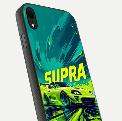 Electric Supra Thunder Glass Case for iPhone Xr close-up highlighting car reflection, neon tones, and gloss polish