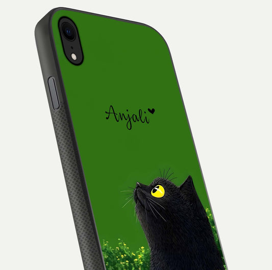 Emerald Cat Custom Name Glass Case for iPhone Xr close-up highlighting feline detail, emerald hues, and reflection polish