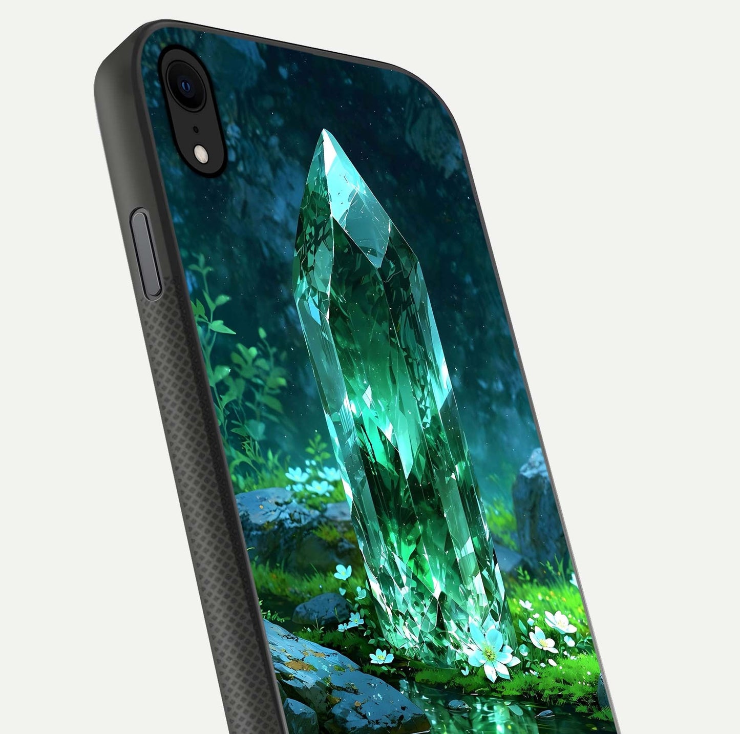 Emerald Light Crystal Glass Case for iPhone Xr close-up highlighting crystal texture and reflection glow