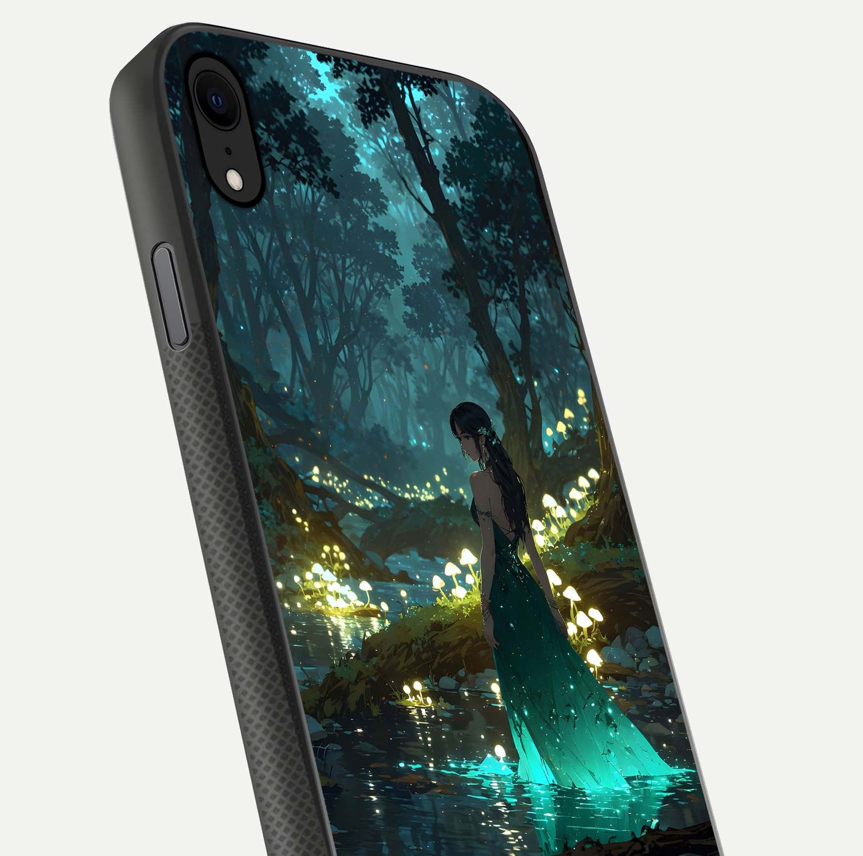 Enchanted Forest Glow Glass Case for iPhone Xr close-up highlighting trees, lights, and reflection texture