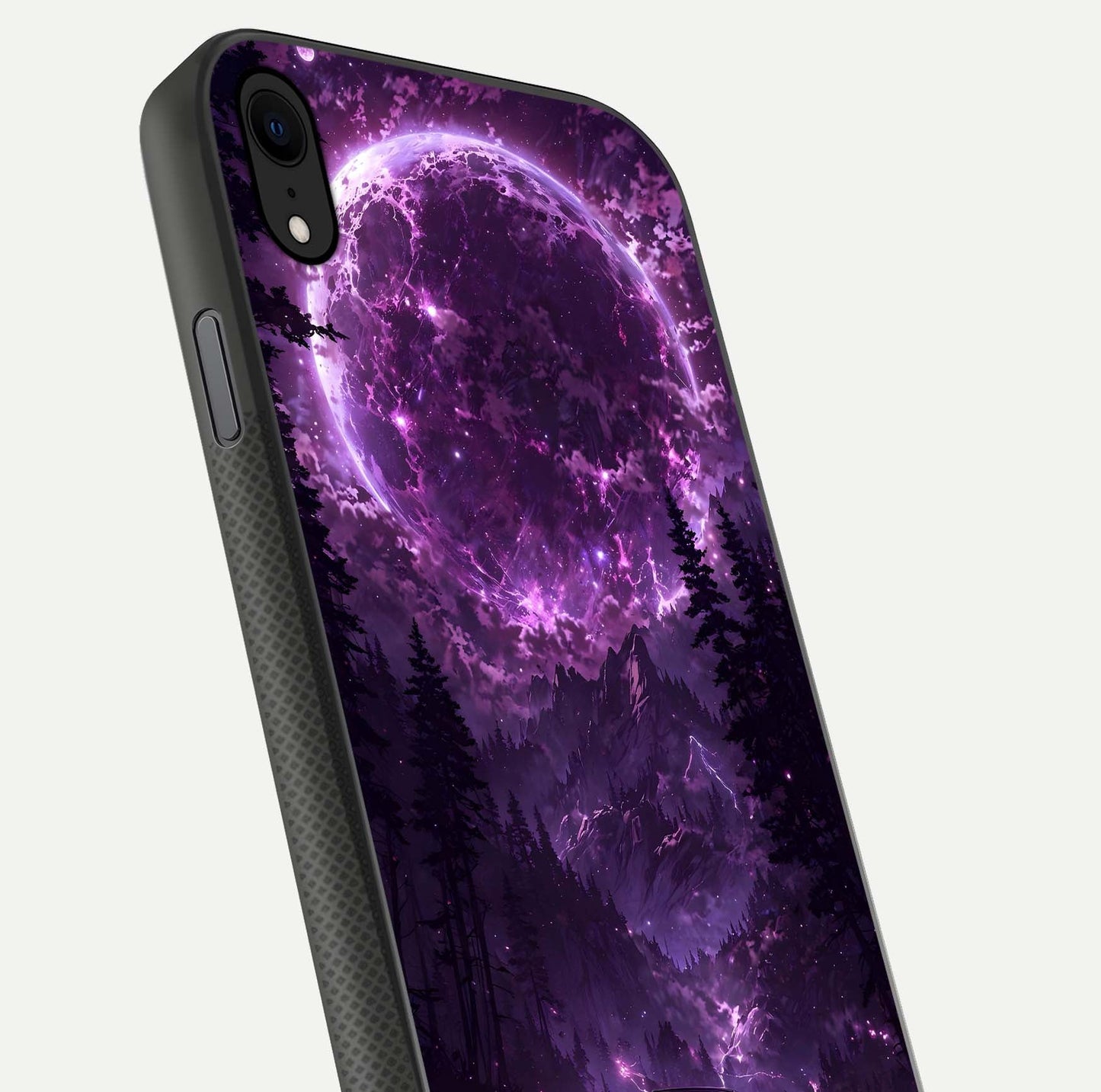 Eternal Cosmic Drive Glass Case for iPhone Xr close-up highlighting cosmic lights and reflection depth