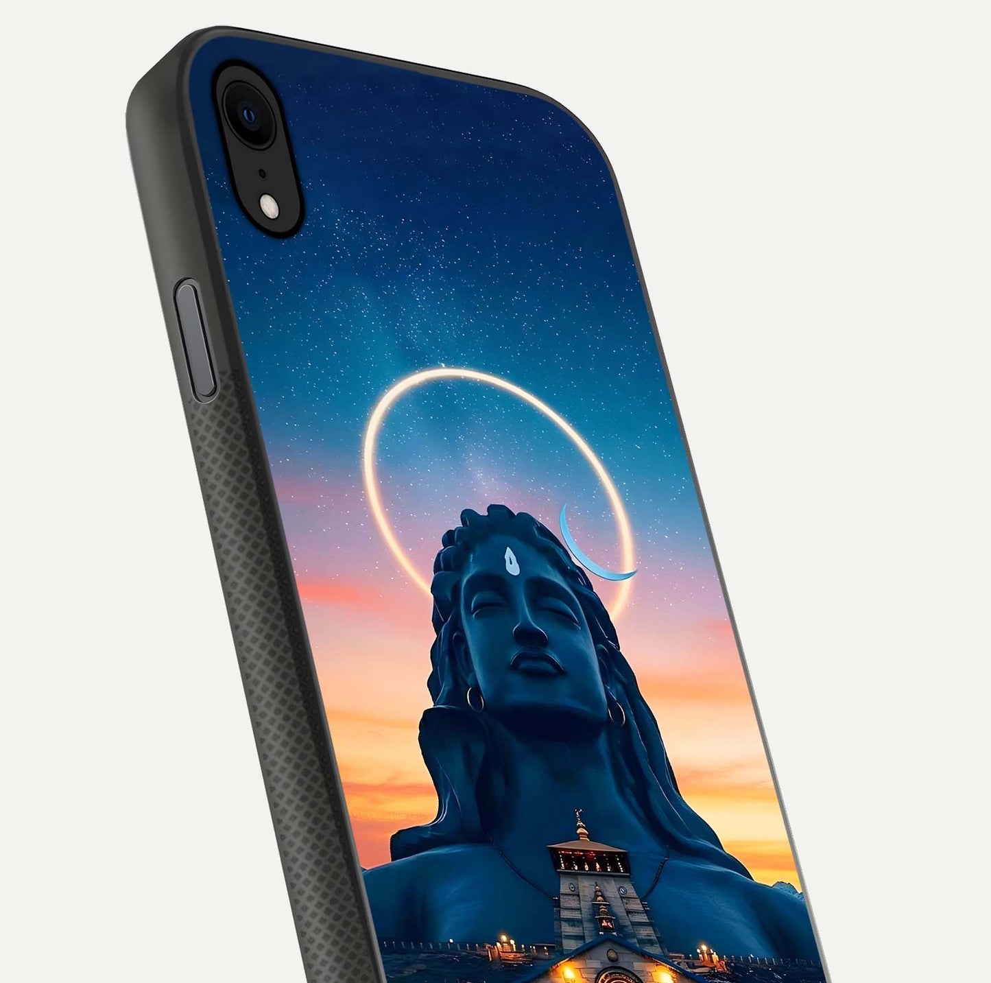 Eternal Shiva Aura Glass Case for iPhone Xr close-up highlighting divine detailing and reflection light