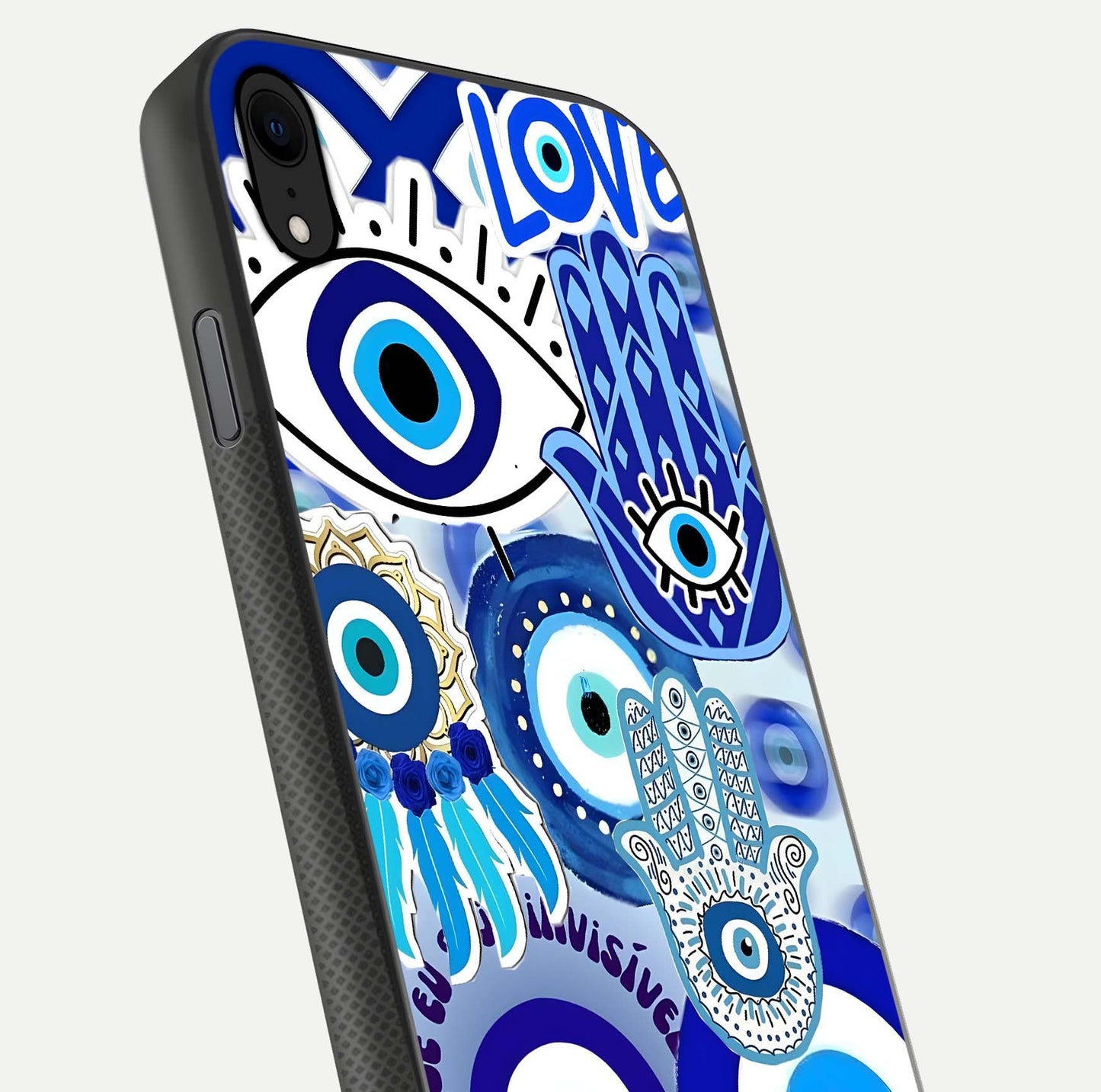 Evil Eyes Dream Glass Case for iPhone Xr close-up highlighting evil-eye charm detail and light reflection on glass