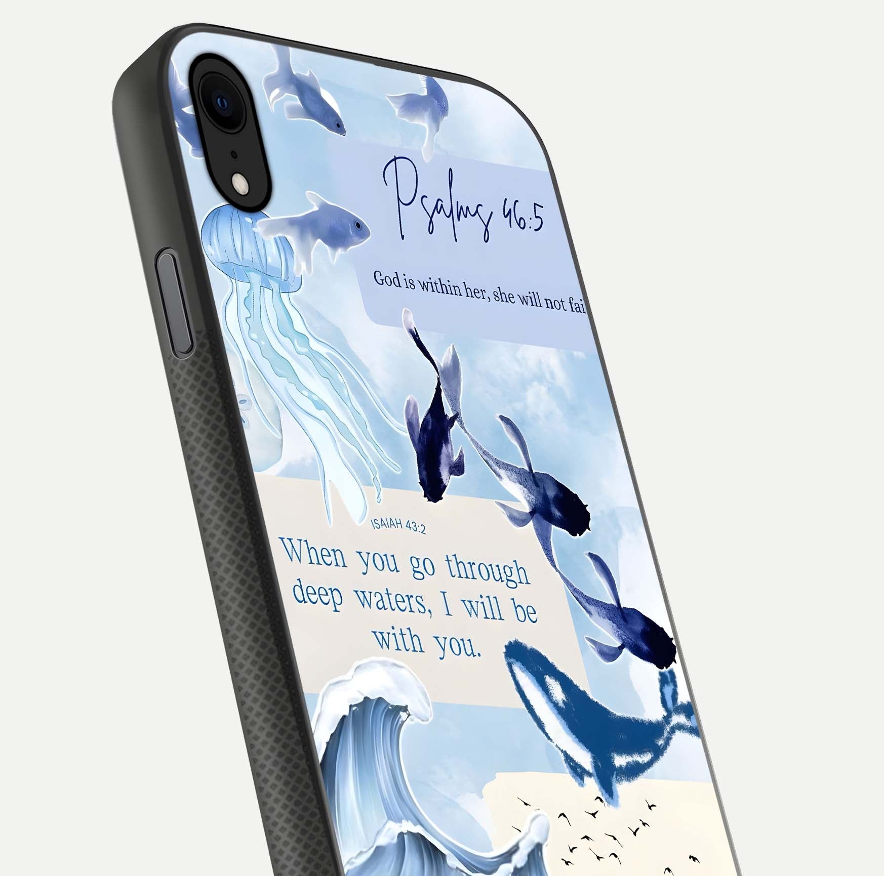 Faithful Ocean Promise Glass Case for iPhone Xr close-up highlighting water reflection and serene blue tones
