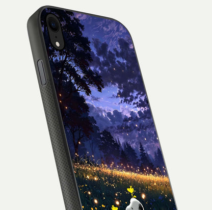 Firefly Meadow Magic Glass Case for iPhone Xr close-up highlighting luminous firefly light and reflection detail