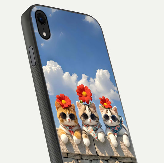 Floral Kitty Squad Glass Case for iPhone Xr close-up highlighting cat detail and flower patterns with HD shine