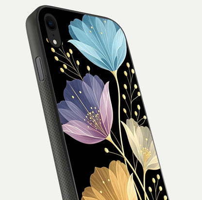 Flower Bloom Glow Glass Case for iPhone Xr close-up highlighting bloom detail and reflection polish