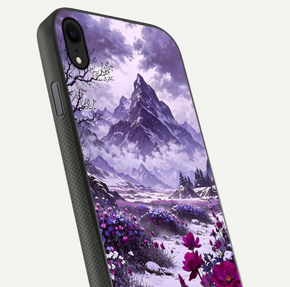 Flower Mountain View Glass Case for iPhone Xr close-up highlighting petal details and sky reflection