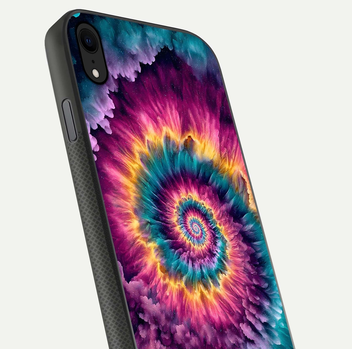 Galactic Spiral Burst Glass Case for iPhone Xr close-up angled shot showing spiral burst detail, neon tones, and glossy reflection