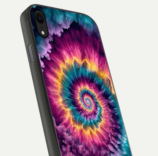 Galactic Spiral Burst Glass Case for iPhone Xr close-up angled shot showing spiral burst detail, neon tones, and glossy reflection