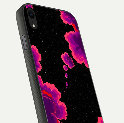 Galaxy Dream Frame Glass Case for iPhone Xr close-up angled shot showing nebula patterns and reflection glow