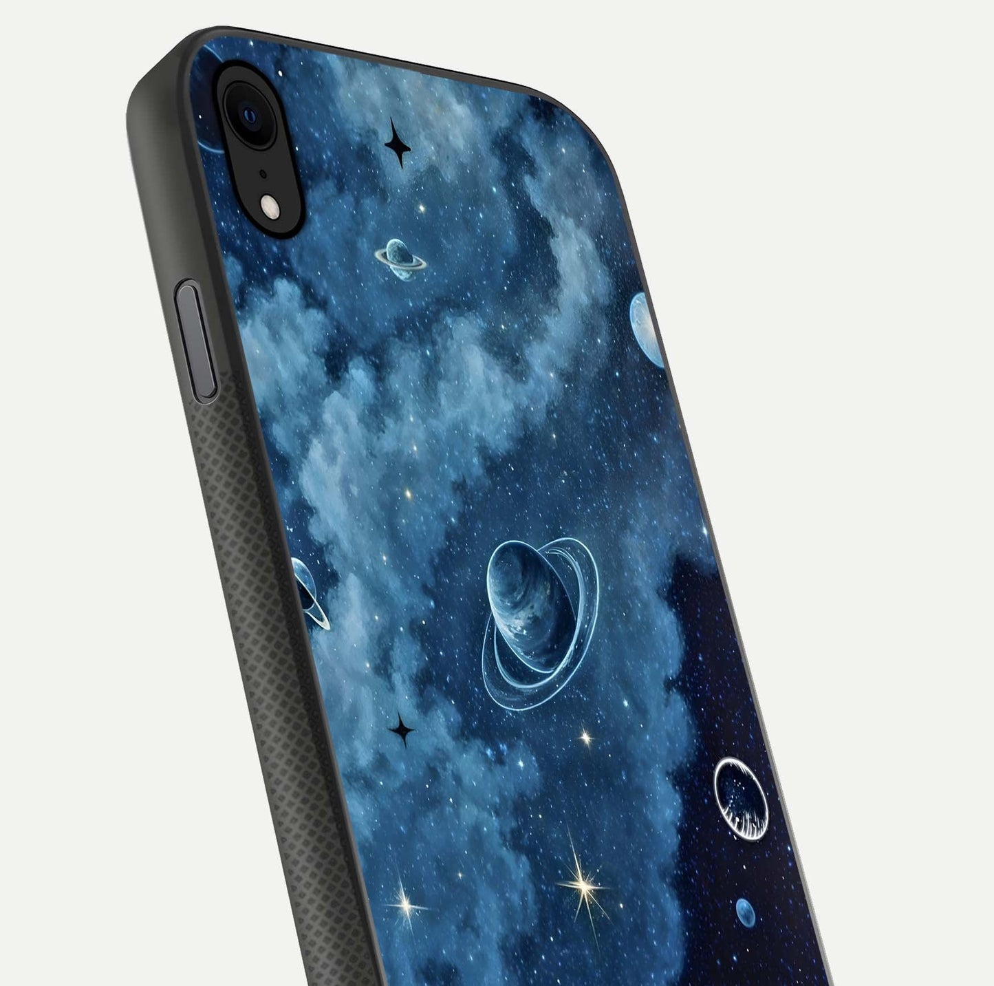 Galaxy Dream Space Glass Case for iPhone Xr close-up angled shot highlighting nebula details and reflection shine