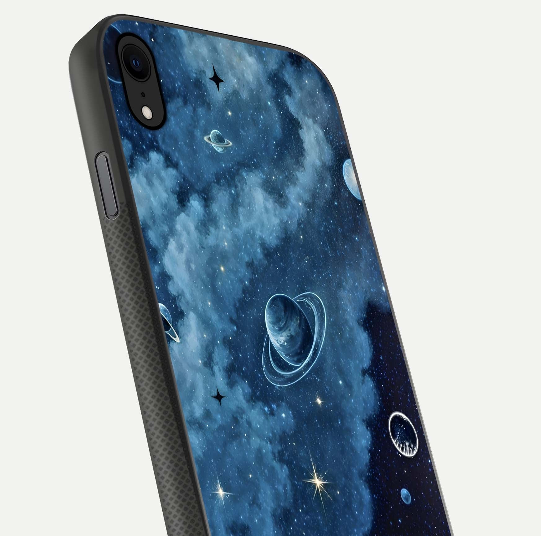 Galaxy Dream Space Glass Case for iPhone Xr close-up angled shot highlighting nebula details and reflection shine
