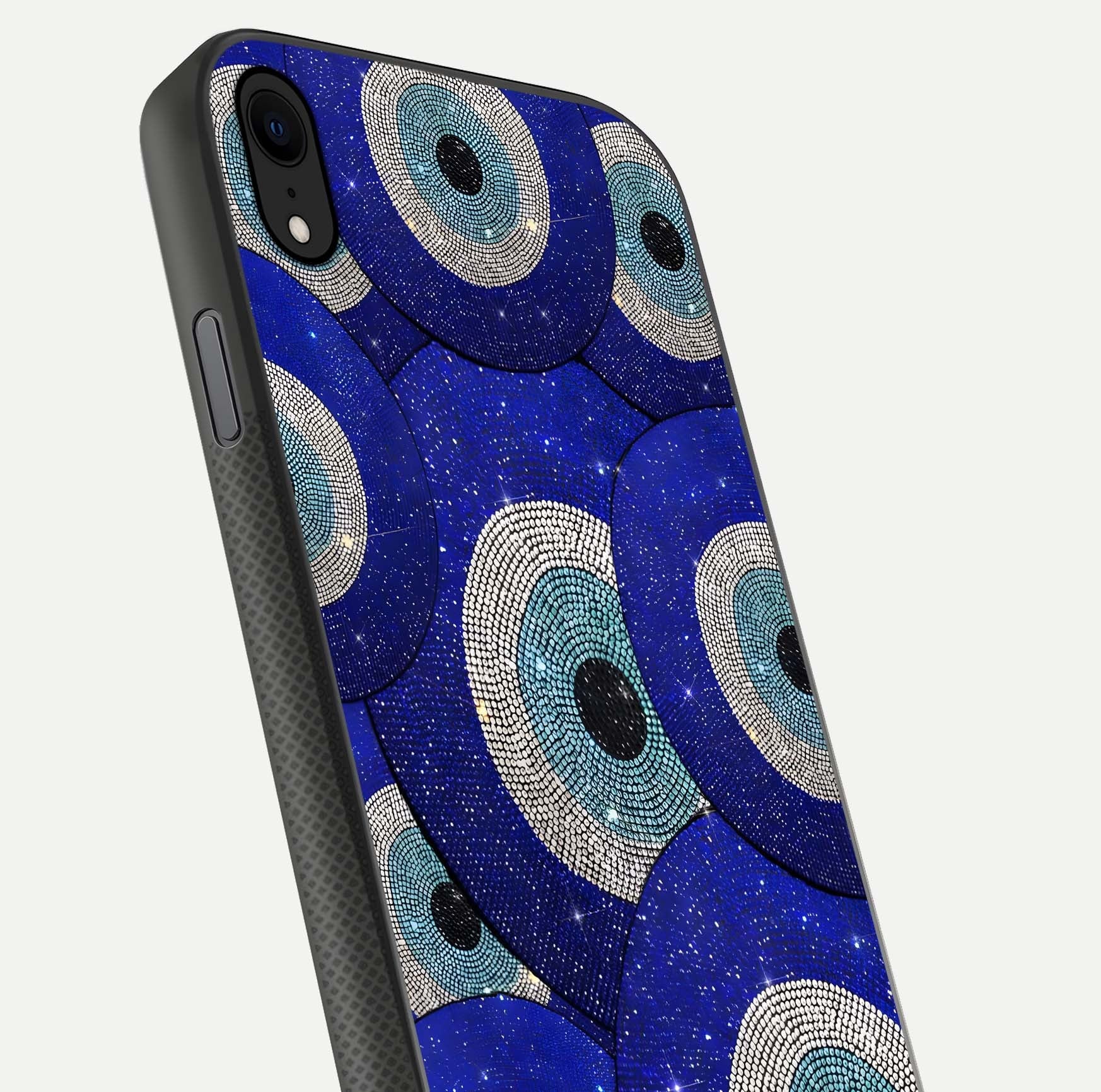 Galaxy Eye Flow Glass Case for iPhone Xr close-up angled shot showing vivid swirl detail and reflection brightness