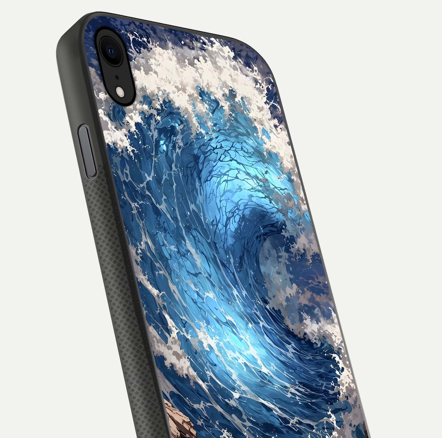 Giant Ocean Wave Glass Case for iPhone Xr close-up angled shot showing wave texture and water reflection shine