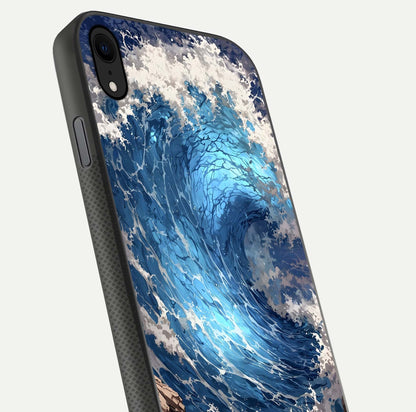 Giant Ocean Wave Glass Case for iPhone Xr close-up angled shot showing wave texture and water reflection shine