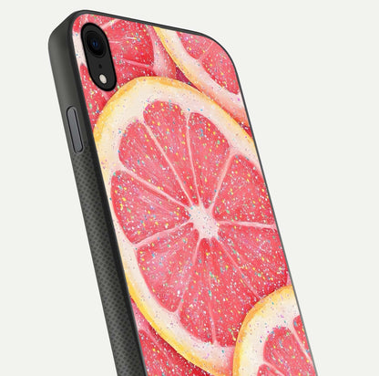 Glitter Grapefruit Glass Case for iPhone Xr close-up angled shot showing fruit texture and glitter reflection